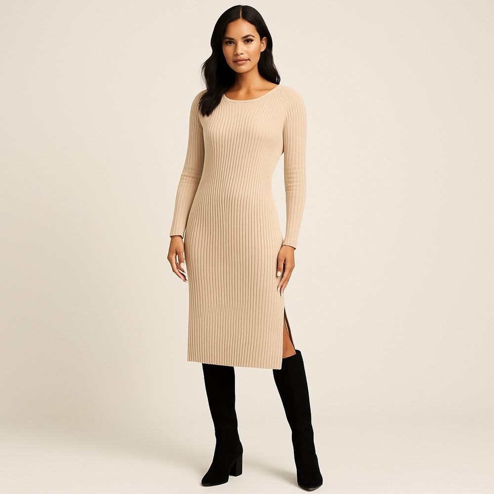 WAYF Dede & Emily Beige Ribbed Knit Sweater Midi Dress XS Open Back Long Sleeve